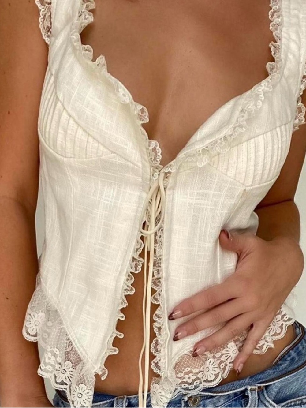 Mirror Palais Ivory Lace-Trim Tie Corset Crop Top